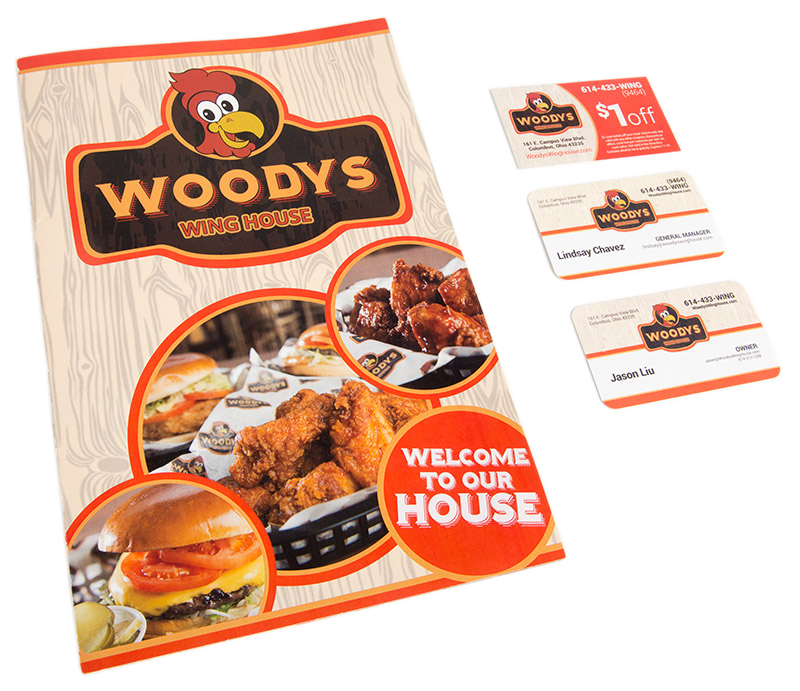 Woody's Wing House Menu and Business Cards & Print Design