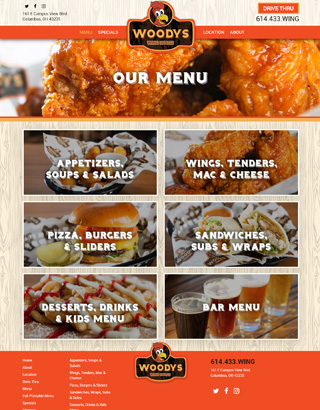 Woody's Wings website layout food menu