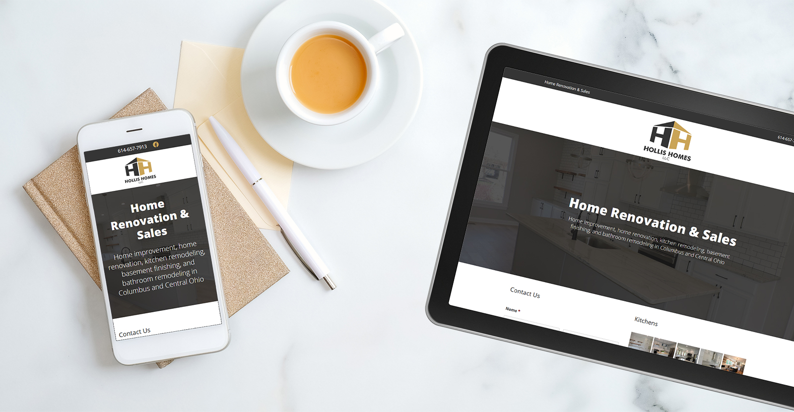 Hollis Homes website on phone and tablet