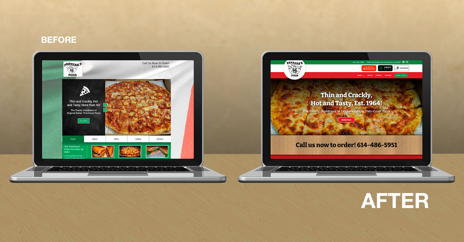 Panzera's Pizza Website Design before and after images on laptops