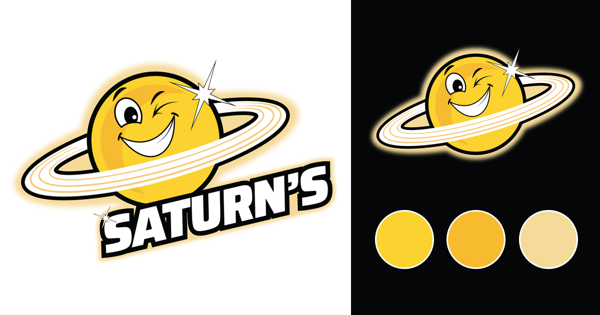 Graphic of various versions of the Saturns Sports Bar logo and colors
