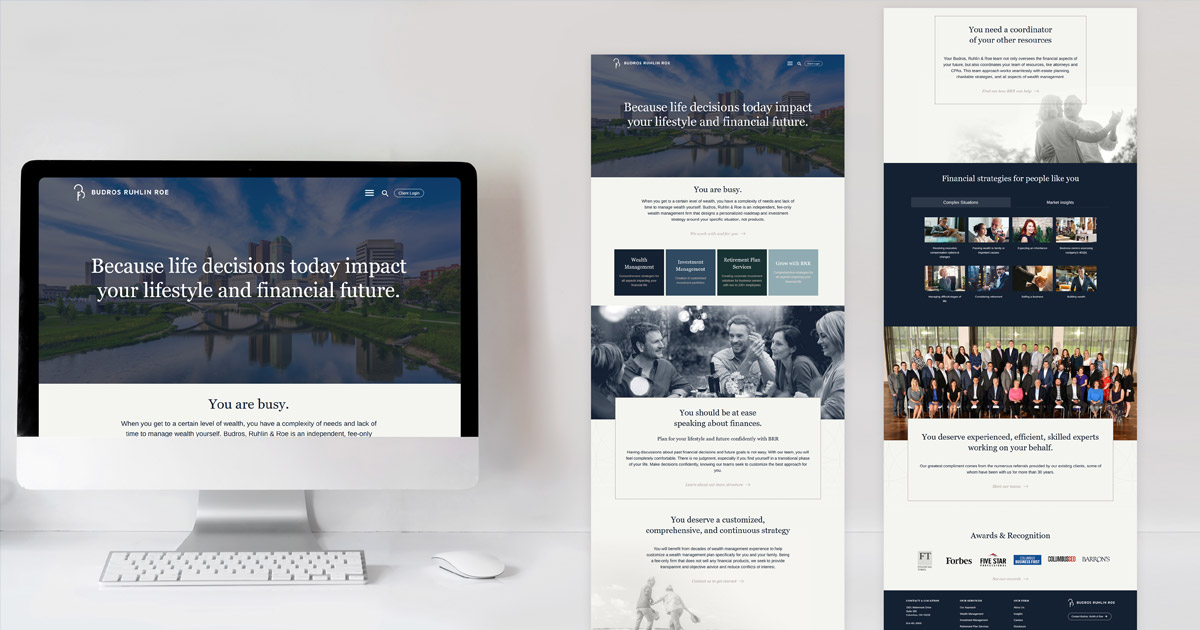 Homepage website design for Budros Ruhlin and Roe shown on desktop and in full