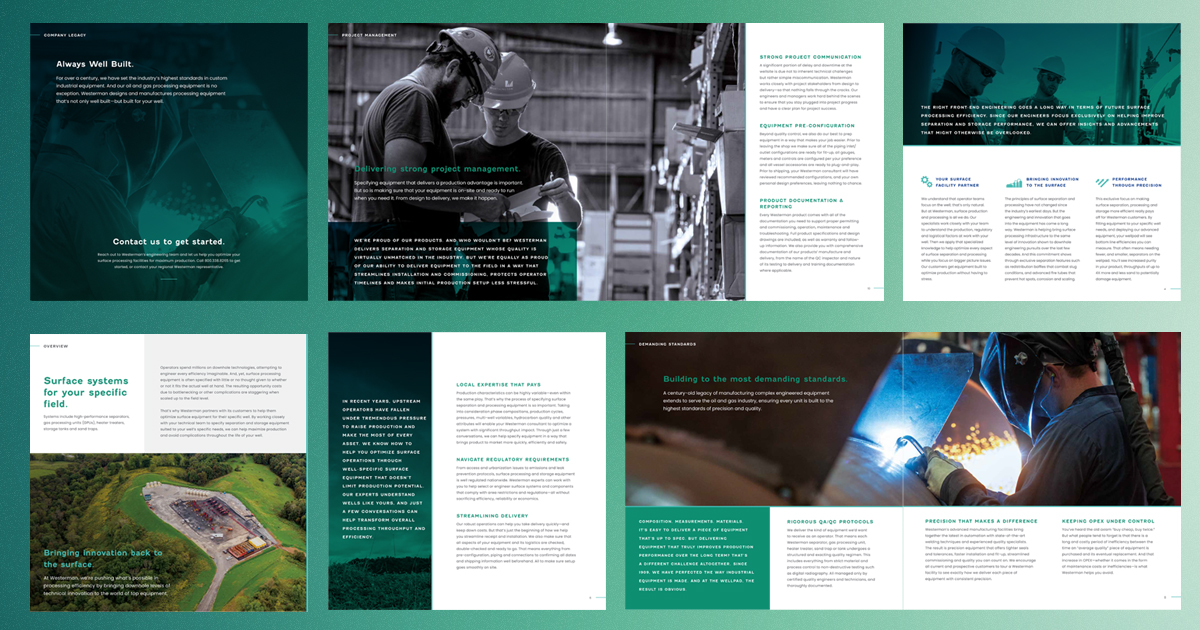 grid display of print collateral sales sheet redesign on green gradient background