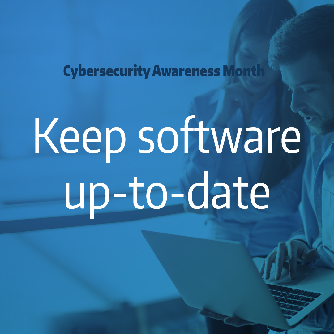 two people working on laptop with text overlay "Keep software up-to-date"