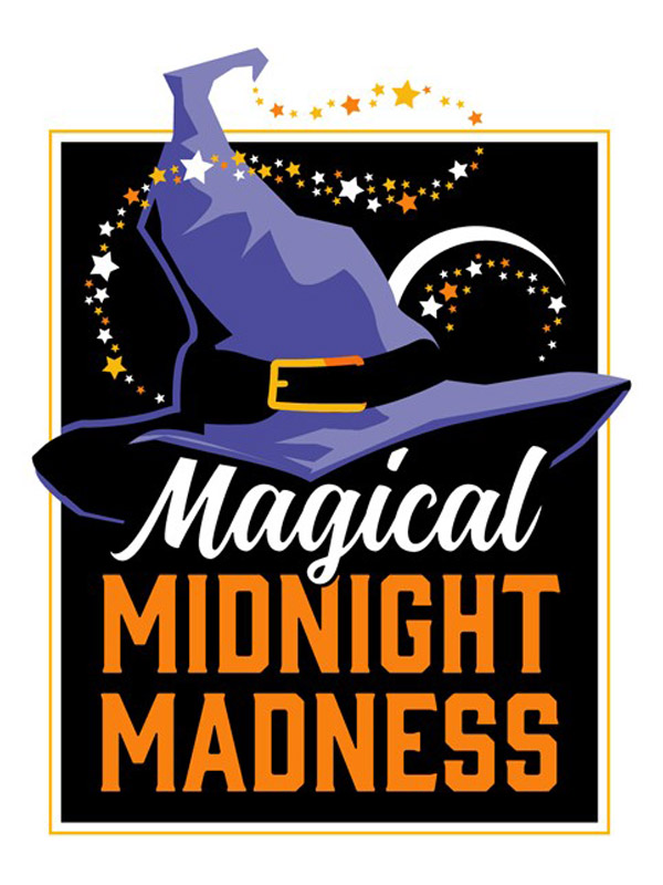 Magical Midnight Madness logo with witches hat for uptown westerville fourth friday trick or treating