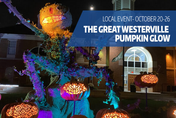 Uptown Westerville pumpkin display with text overlay "local event-october 20-26, The Great Westerville Pumpkin glow"