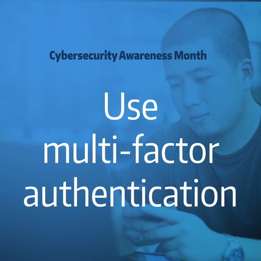 man using phone and laptop with text overlay "use multi-factor authentication"