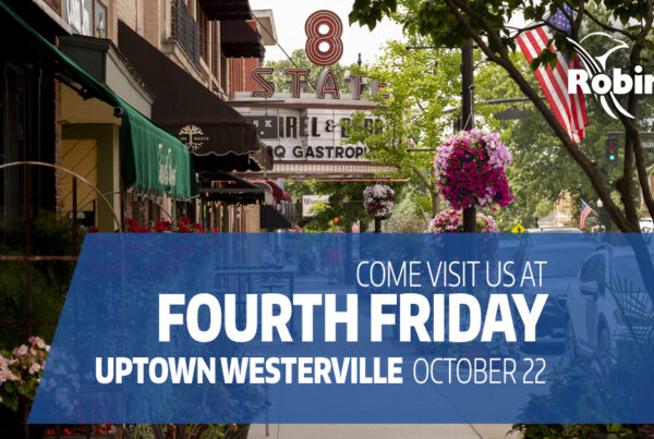 street in uptown westerville with text overlay "come visit us at Fourth Friday, uptown westerville, October 22"