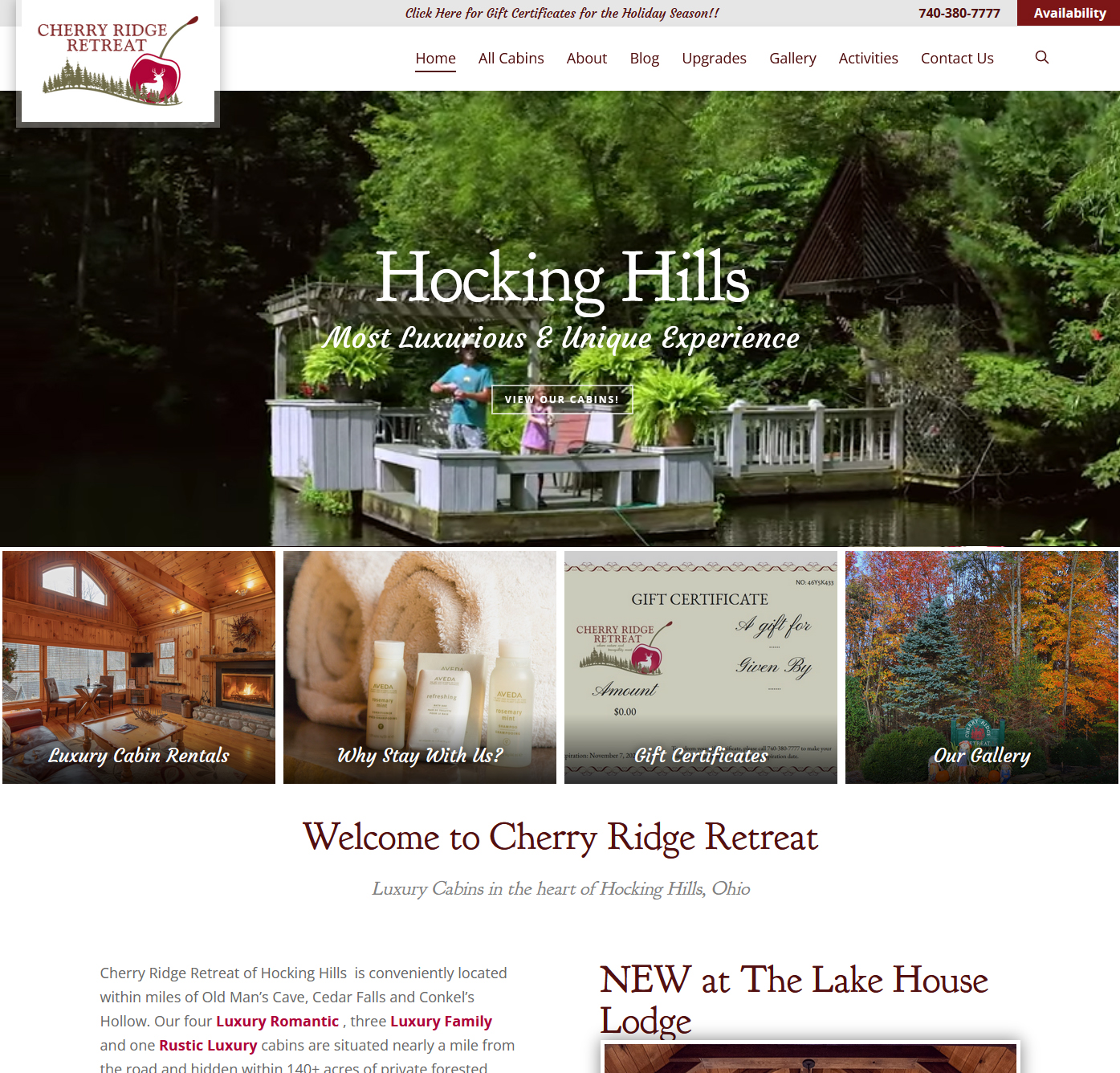 screenshot of the Cherry Ridge Retreat homepage featuring a large background video
