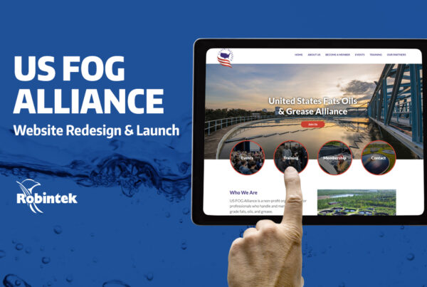 tablet with US FOG alliance homepage with hands navigating the site with text overlay to the left "US FOG Alliance website redesign and Launch"