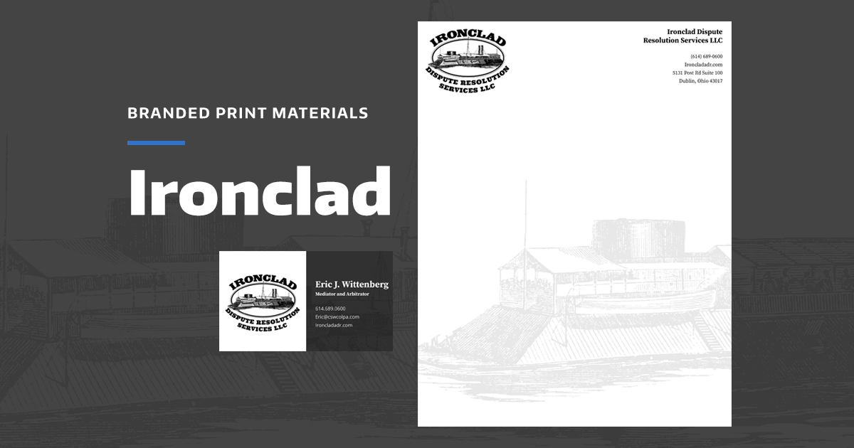 letterhead and business card designs for Ironclad on a gray background with the text "Branded print materials: Ironclad"