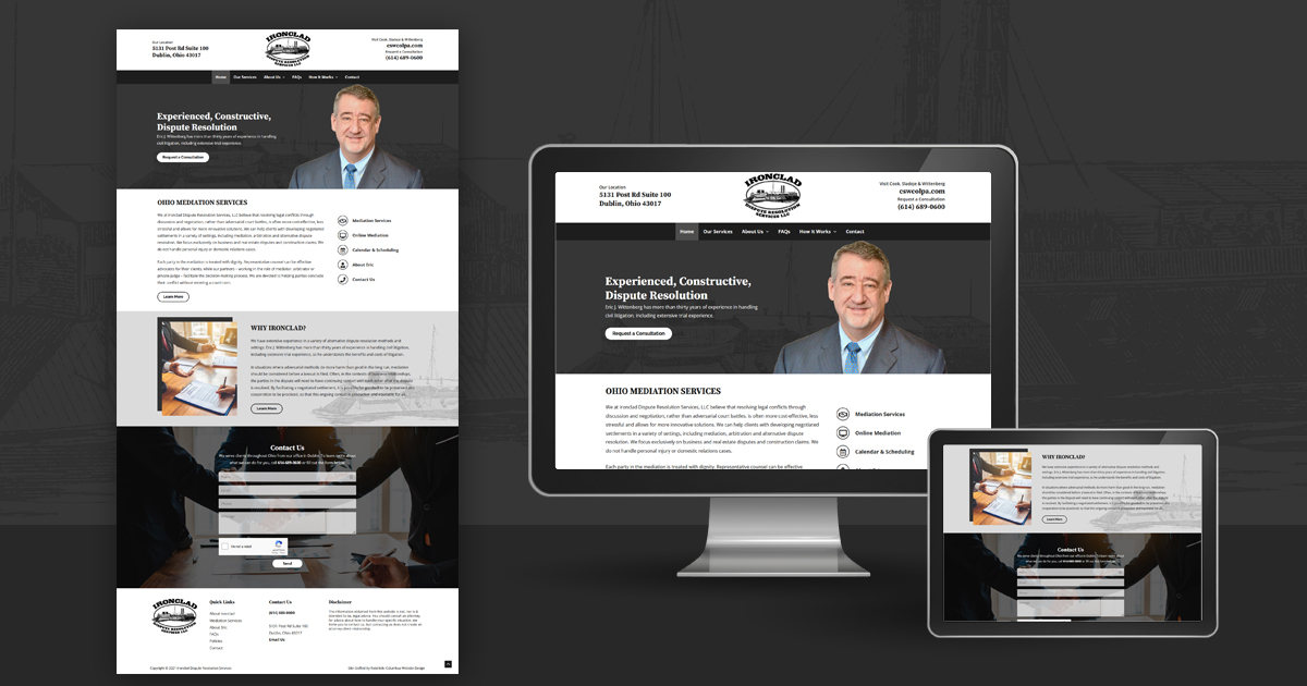 homepage layout design for Ironclad in full and shown on a desktop and tablet with a dark gray background