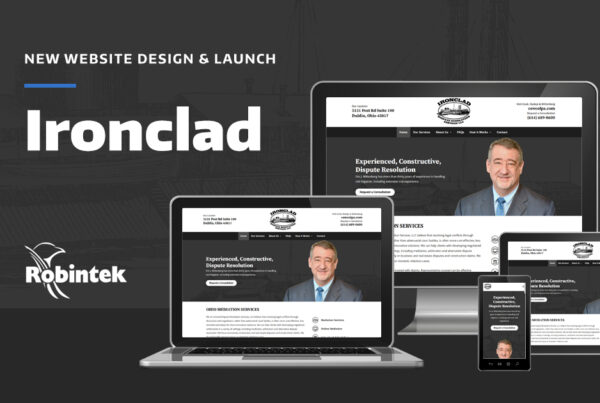 desktop, laptop, tablet, and mobile devices with the Ironclad homepage design on a gray background with the text "New website design and launch: Ironclad"