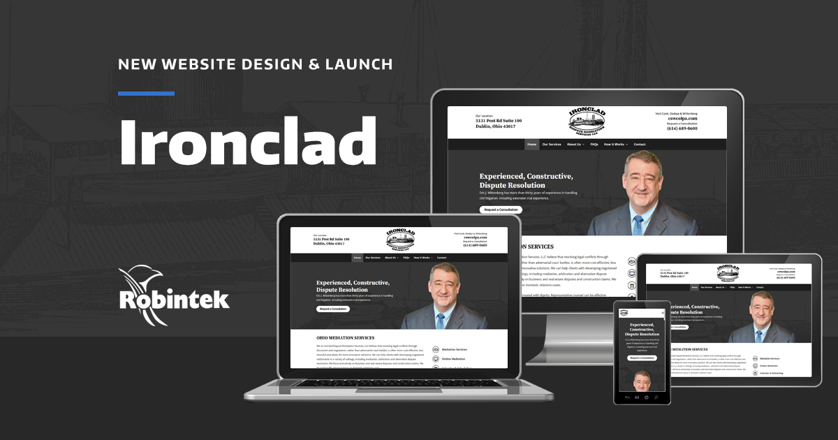 desktop, laptop, tablet, and mobile devices with the Ironclad homepage design on a gray background with the text "New website design and launch: Ironclad"