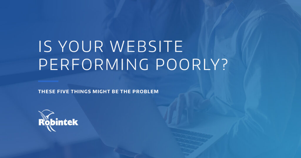 two coworkers working on a laptop with the text overly "Is your website performing poorly"