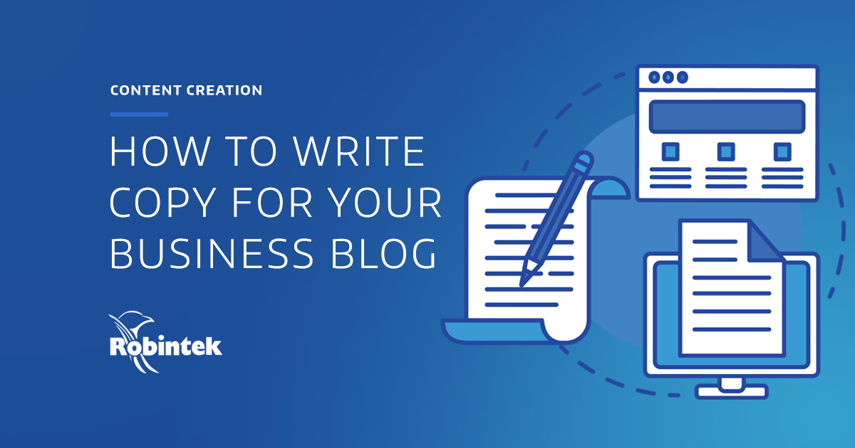 illustration of various writing icons including a pencil and paper, a document on a computer, and website copy with the text "how to write copy for your business blog"