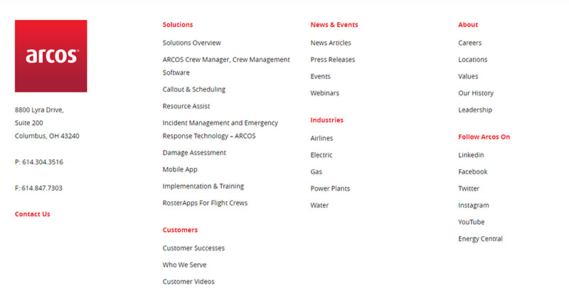 Arcos Footer Site Navigation